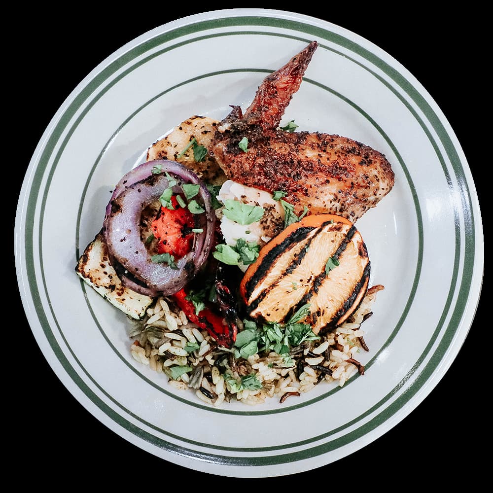 Champs plate at dining with grilled chicken 